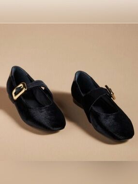 Anthropologie Maeve Black Velvet Chunky Gold Buckle Mary Jane Women Sz 8